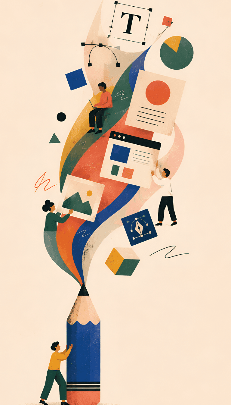 Illustration of a giant pencil erupting into design tools, documents and colour